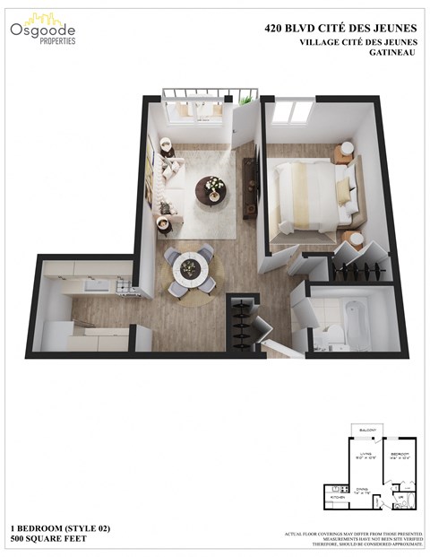 Floor plan for 1 bed, 1 bath, 594 sqft